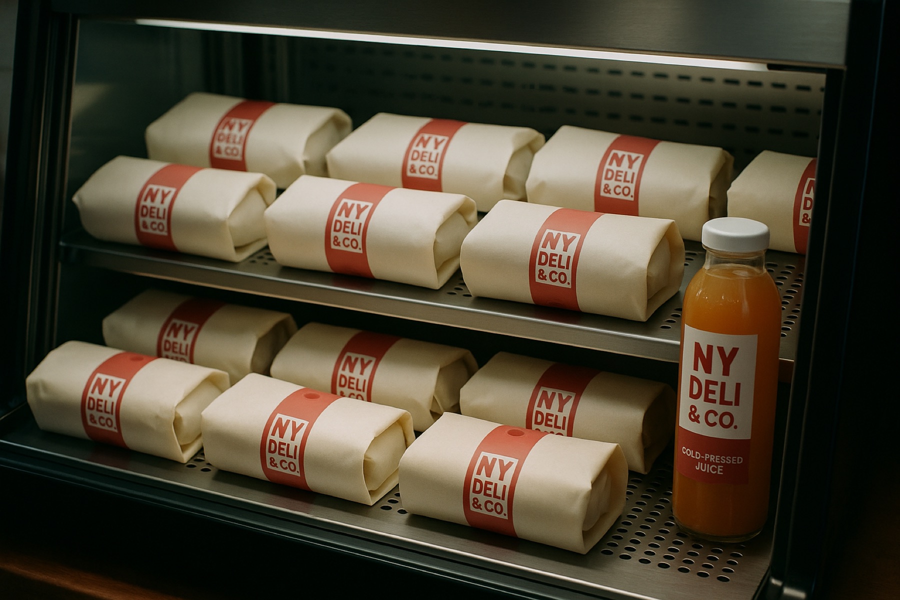 Grab and go cooler stocked with NY Deli and Co. wrapped sandwiches