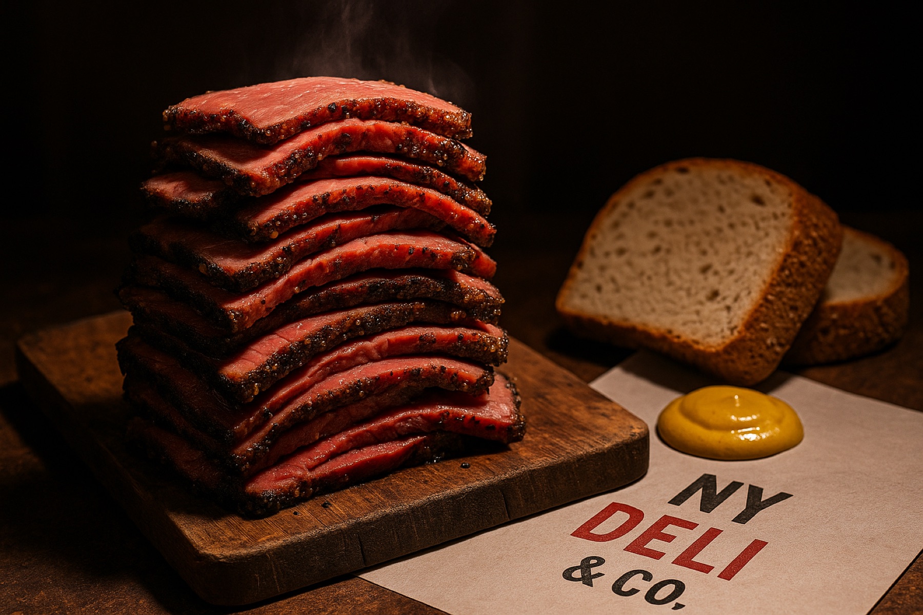 Hand-cut hot pastrami stacked on a wooden board, slices of caraway rye and yellow mustard alongside NY Deli & Co. butcher paper